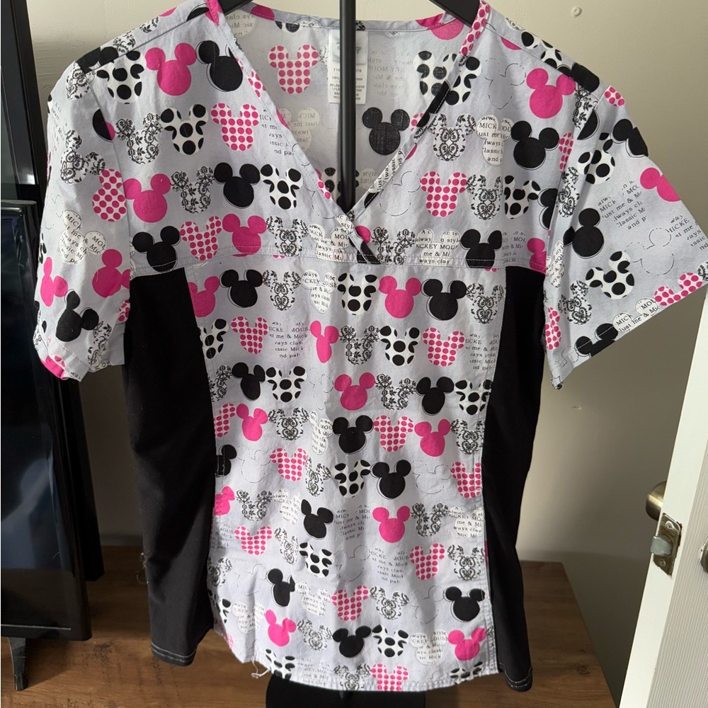 Disney Mickey Mouse Heart Pattern Scrub Top - Pink, Black, and White